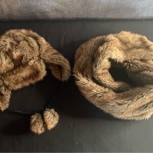 Abercrombie & Fitch Brown Faux Fur Scarf and Hat Set